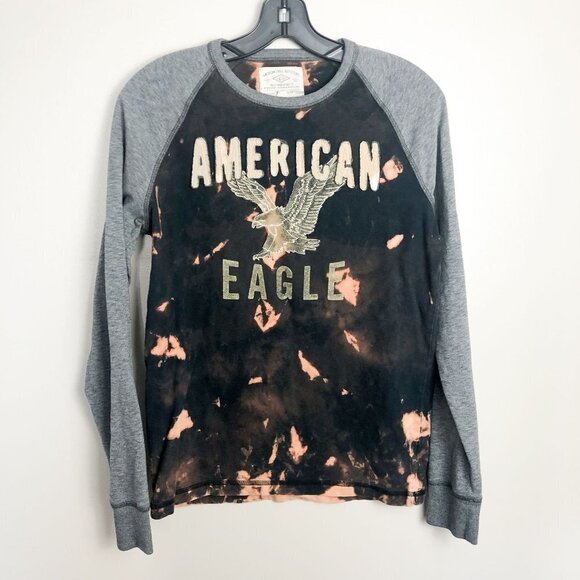 American Eagle Logo Spell Out Classic Baseball Tee Tie Dye Mens XS Black - Picture 1 of 7